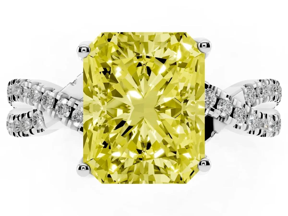 Fancy Yellow Radiant Cut Solitaire Twist Pave Diamond Engagement Ring with Prong Setting Silver