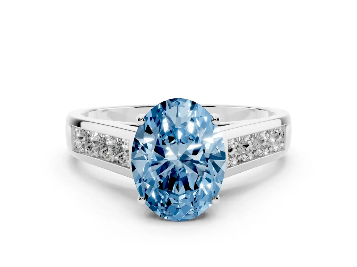 Fancy Blue Oval Cut Solitaire Channel-Set Diamond Engagement Ring with Four-Prong Setting Silver