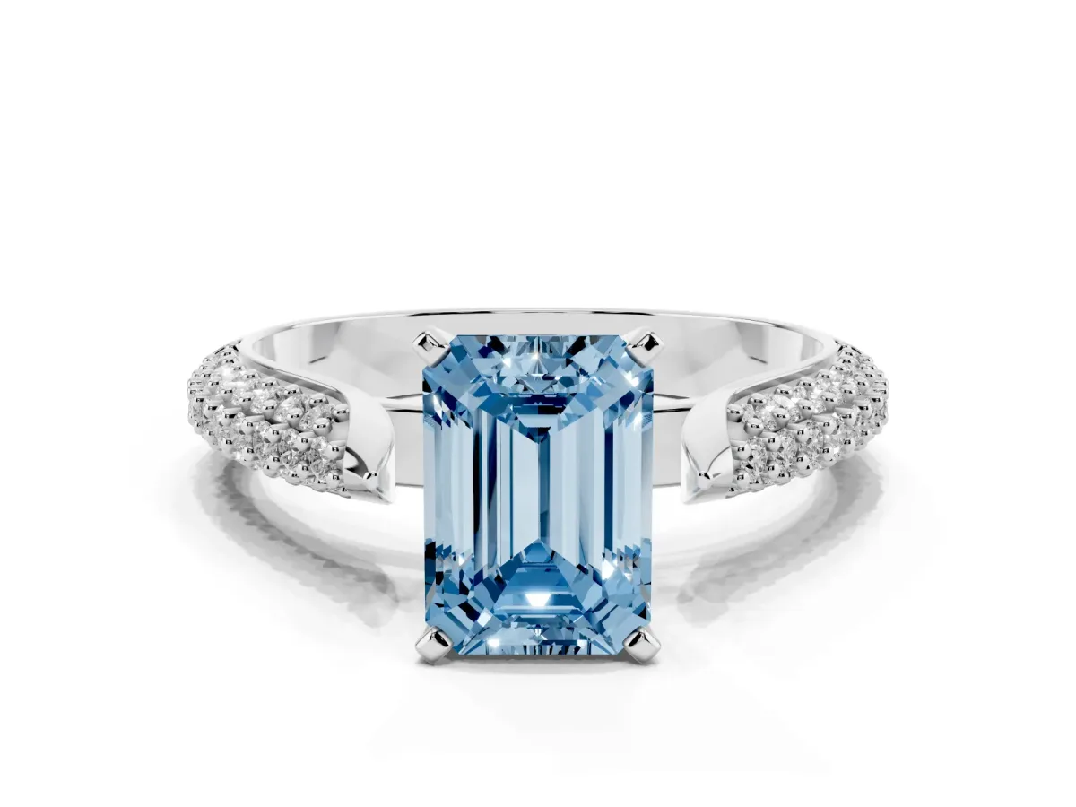 Fancy Blue Emerald Cut Diamond Solitaire Engagement Ring with Multi-Row Round Pavé Band and Prong Setting Silver
