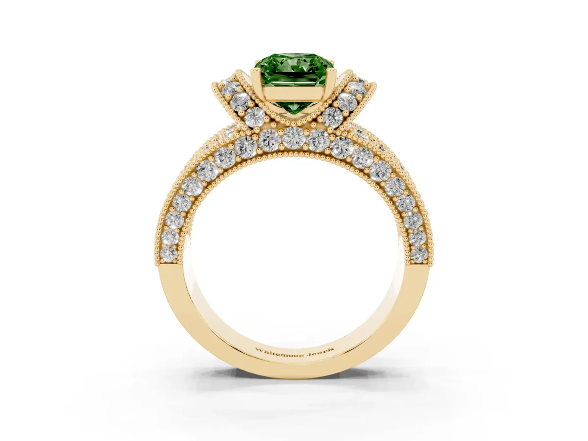 Fancy Green Radiant Cut Halo Pave Diamond Engagement Ring with Milgrain Detailing Yellow gold
