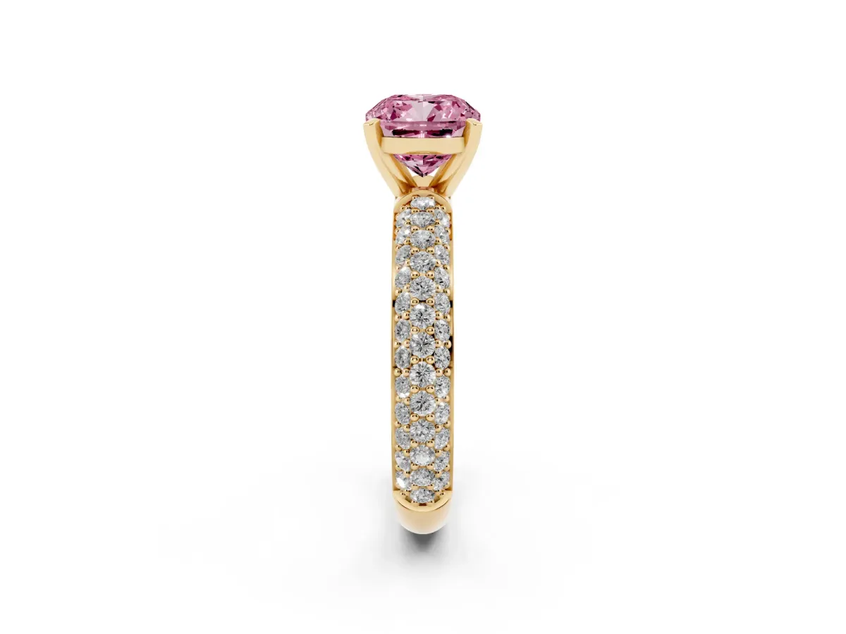 Fancy Pink Cushion Cut Diamond Solitaire Ring with Prong Setting and Pavé Band Yellow gold
