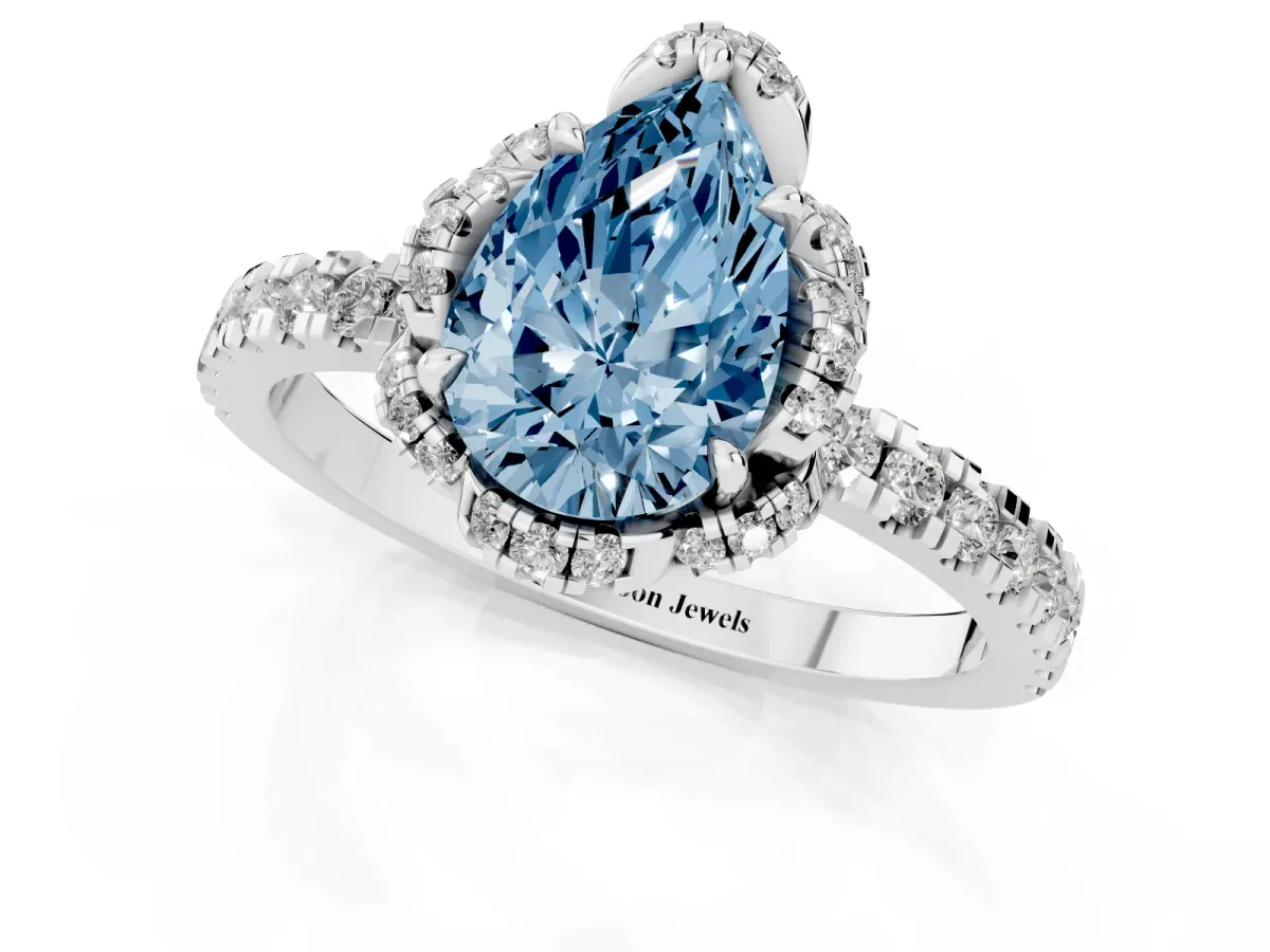 Fancy Blue Pear Cut Diamond Halo Pave Band with Four-Prong Setting Platinum
