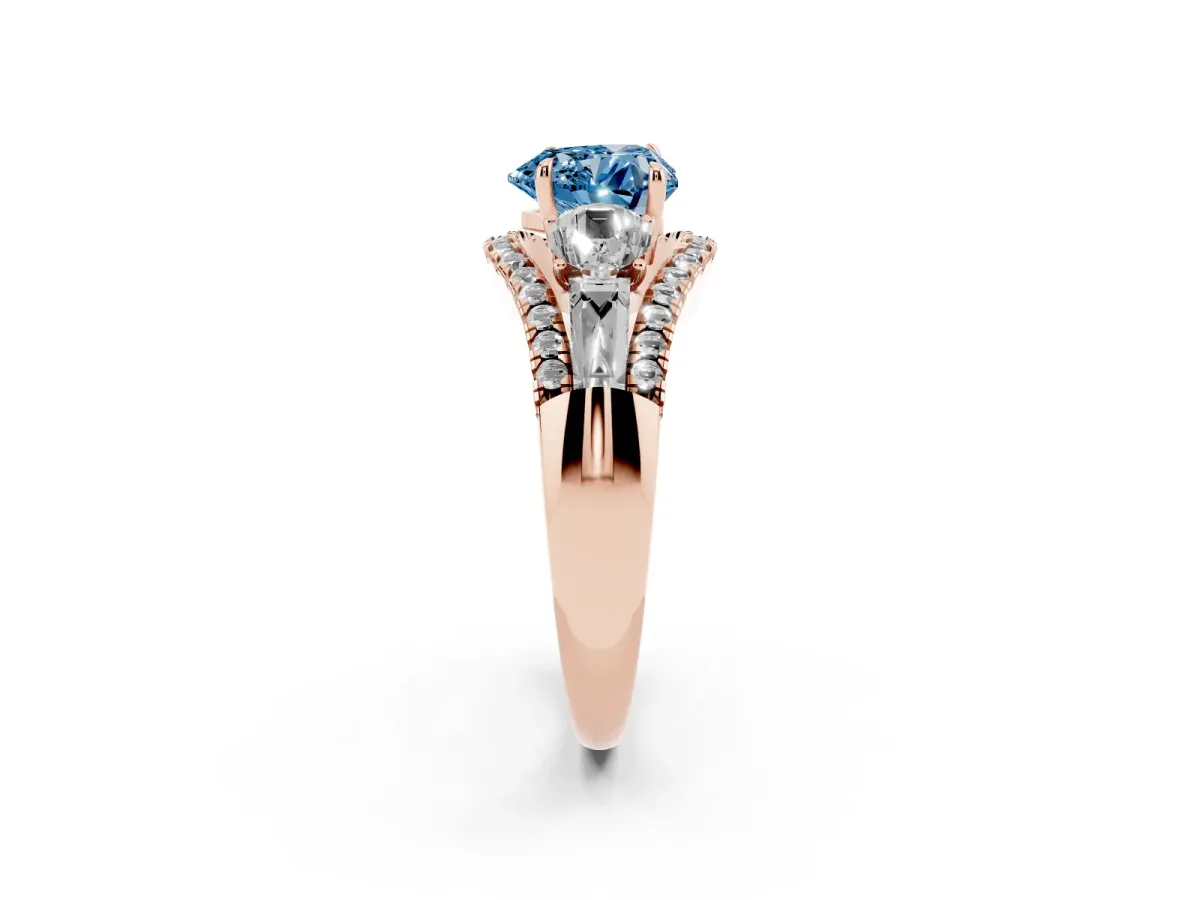 Fancy Blue Three-Stone Heart Cut Diamond Engagement Ring with Pave Band and Prong Setting Rose gold