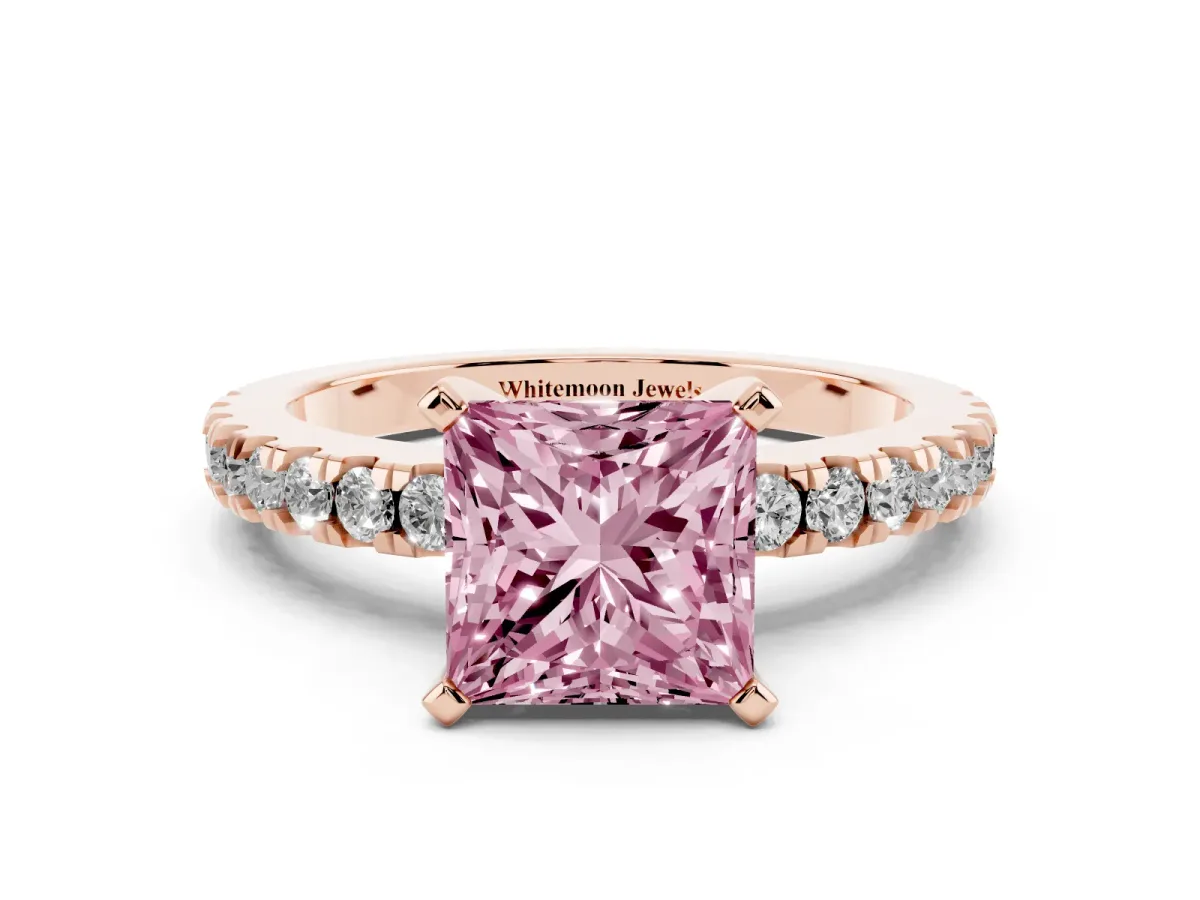 Fancy Pink Princess Cut Solitaire Diamond with Pavé Band and Four-Prong Setting Rose gold