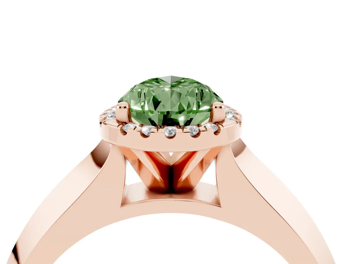 Fancy Green Pear Cut Halo Diamond Ring with Cathedral Band and Four-Prong Setting Rose gold