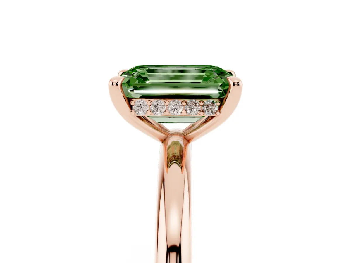Fancy Green Emerald Cut Diamond Solitaire Ring with Thin Band and Four-Prong Setting Rose gold