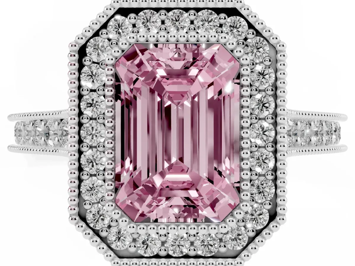 Fancy Pink Halo Emerald Cut-Cut Diamond Pave Band Milgrain Prong Setting Ring Silver