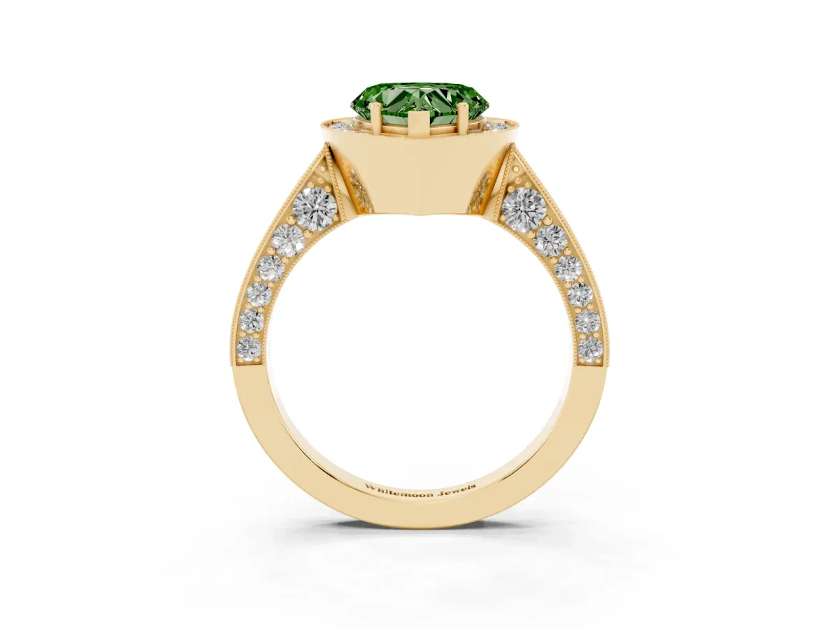 Fancy Green Heart Cut Halo Diamond Engagement Ring with Split Shank Band and Four-Prong Setting Yellow gold