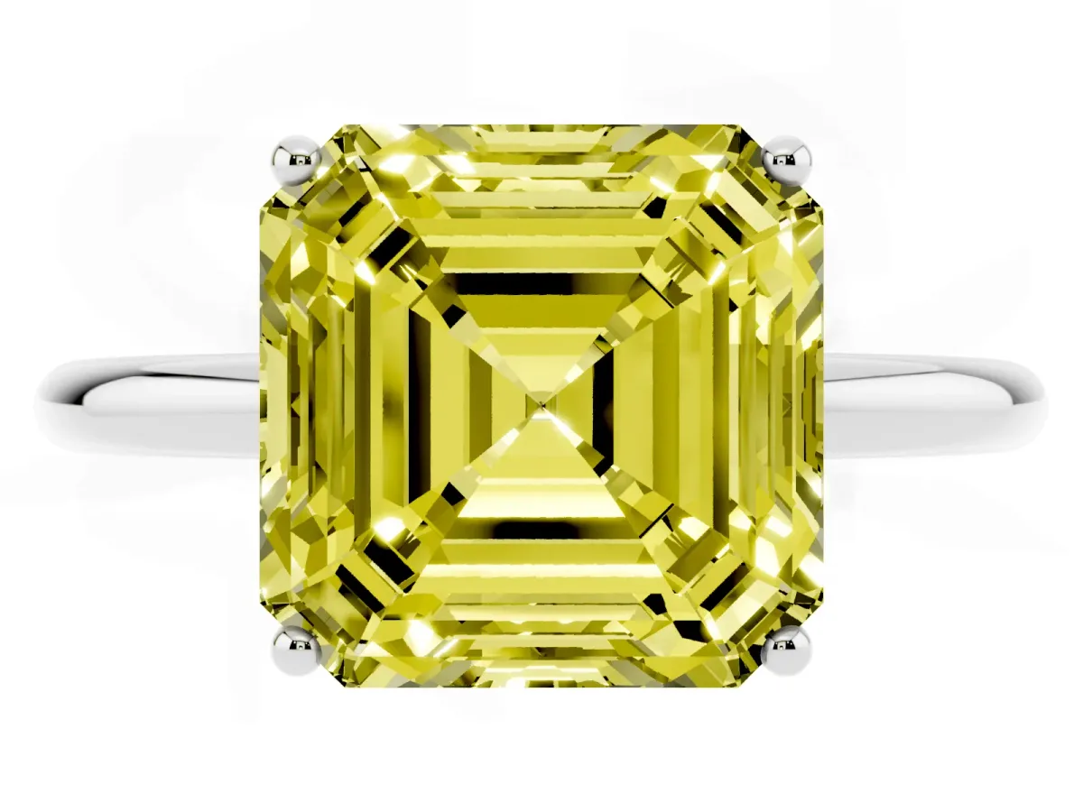 Fancy Yellow Asscher Cut Solitaire Diamond Ring with a Classic Band and Four-Prong Setting Silver