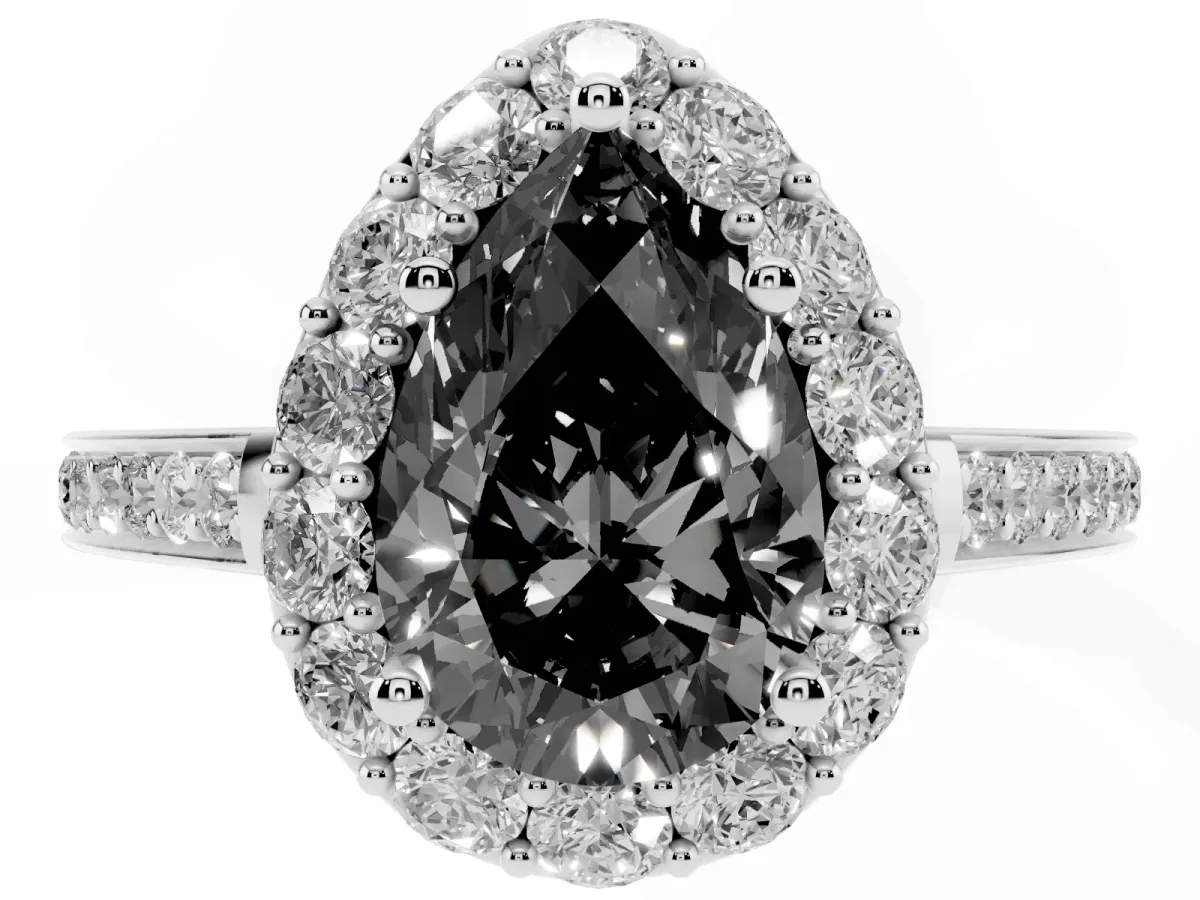 Fancy Black Pear Cut Diamond Floral Halo Ring with Pavé Band and Prong Setting Silver