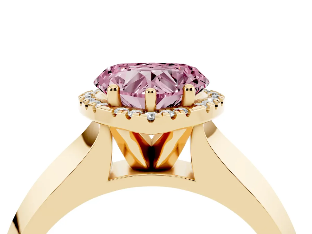 Fancy Pink Heart Cut Halo Diamond Ring with Cathedral Band and Four-Prong Setting Yellow gold
