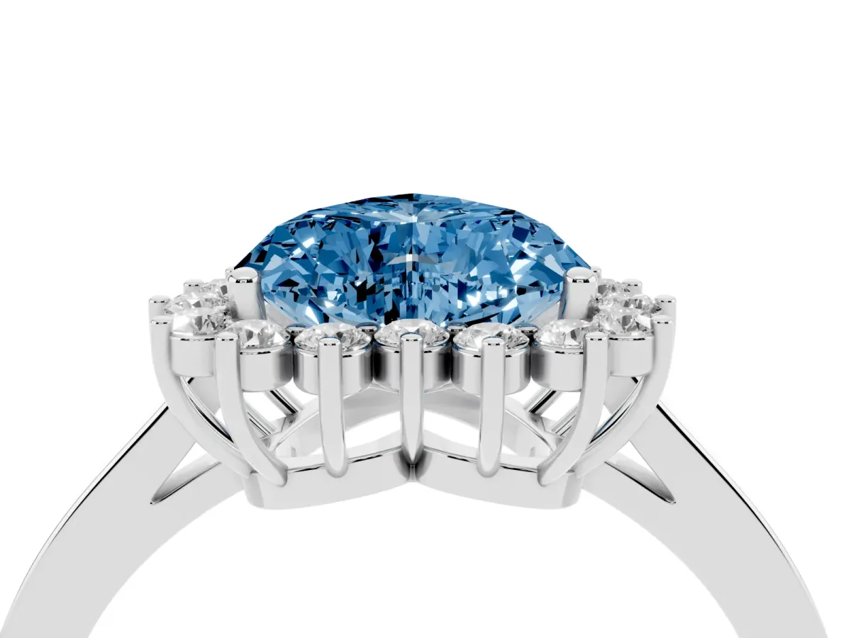 Fancy Blue Heart Cut Cut Diamond Halo Ring with Round Brilliant Halo and Solitaire Band White gold