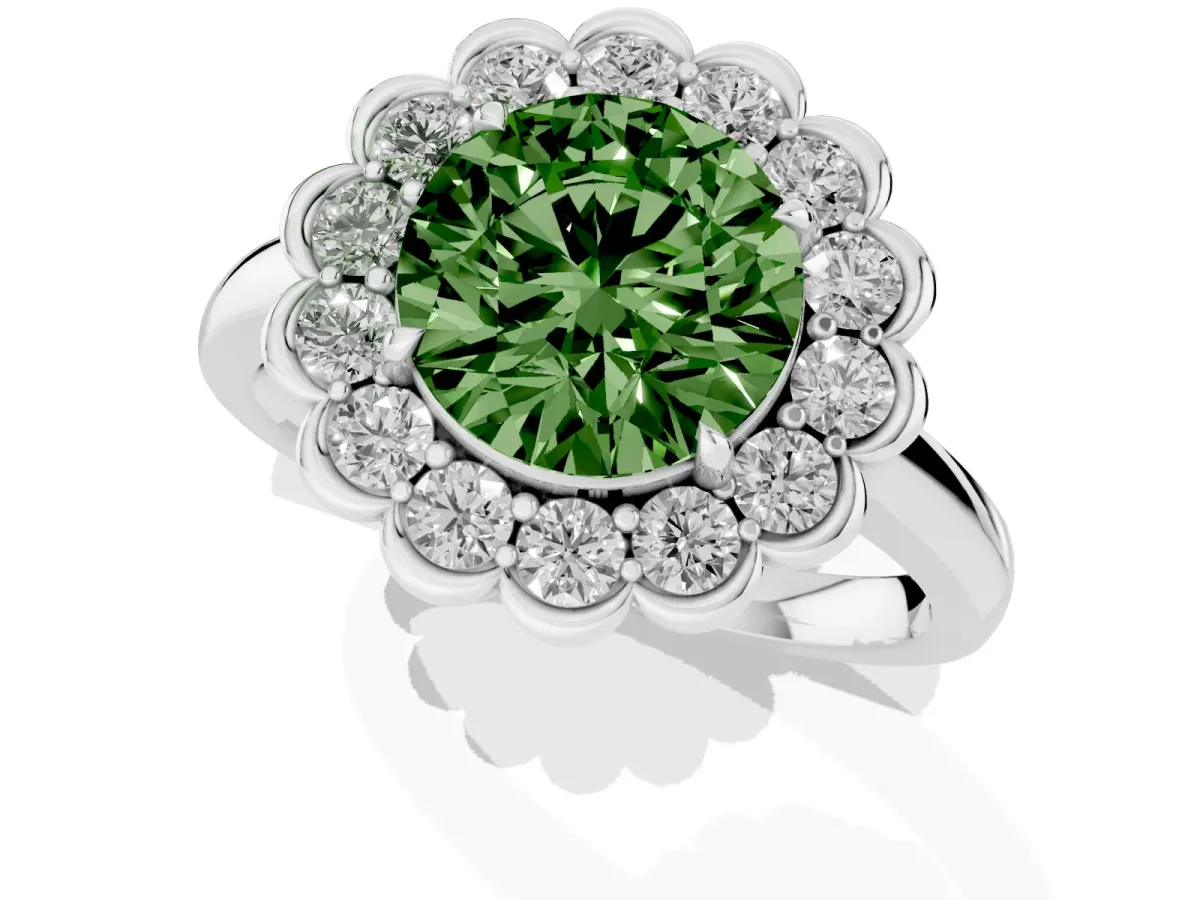 Fancy Green Round Cut Halo Cluster Diamond Engagement Ring with Solitaire Band and Prong Setting Platinum