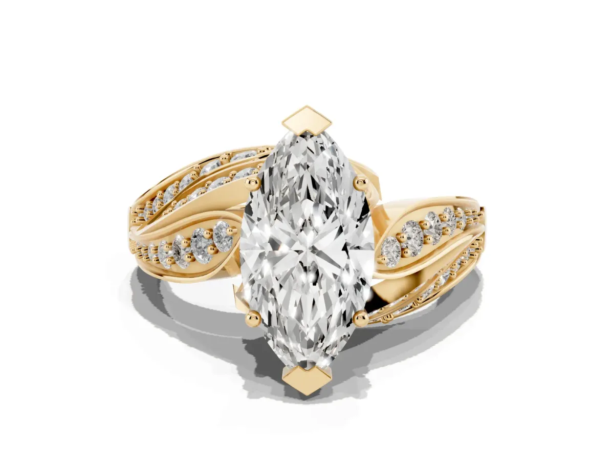 Marquise Cut Diamond Solitaire Ring with Prong Setting and Twisted Pavé Band Yellow gold