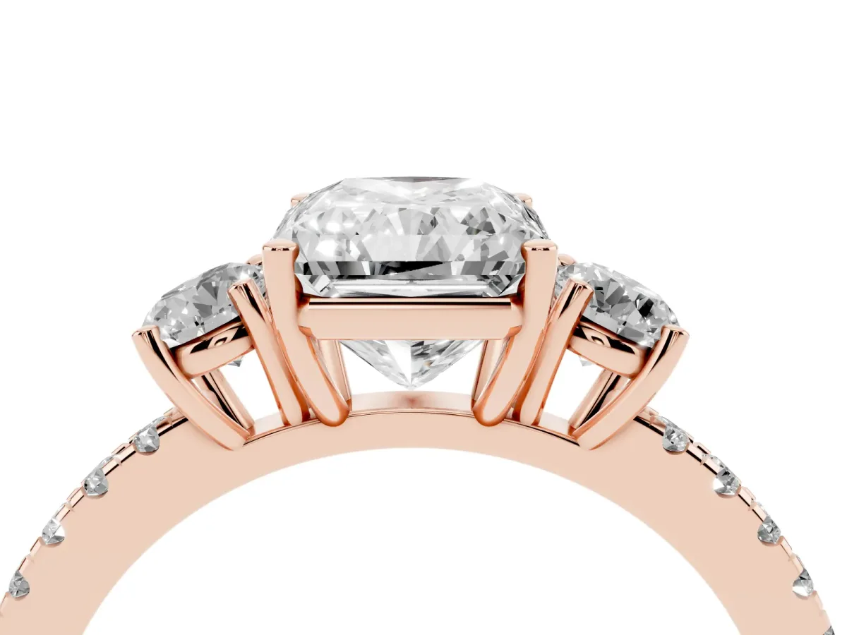 Three-Stone Radiant Cut Cut Diamond Pavé Band with Prong Setting Rose gold