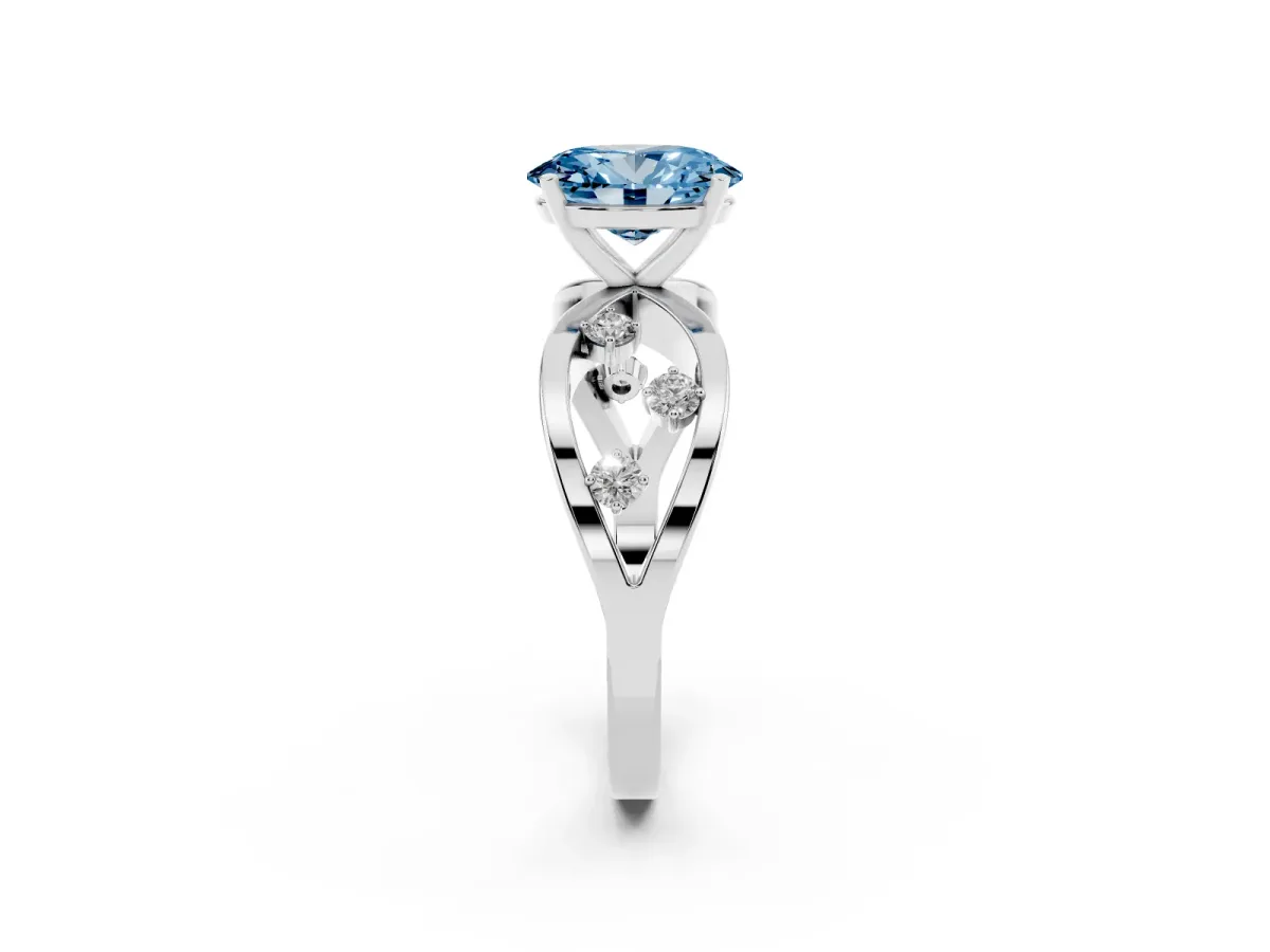 Fancy Blue Oval Cut Cut Solitaire Diamond with Side Stones on Criss-Cross Band and Four-Prong Setting Silver