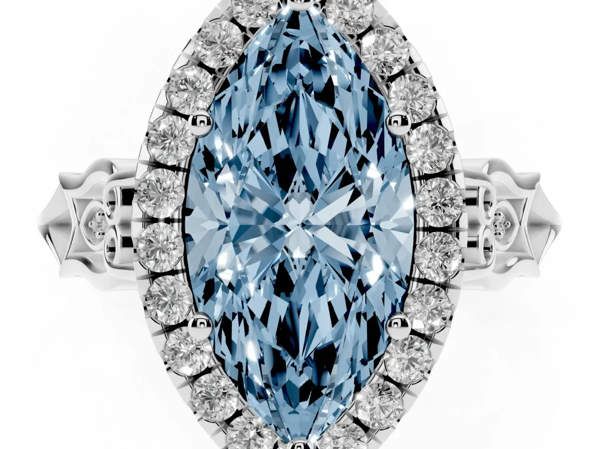 Fancy Blue Marquise Cut Halo Diamond Engagement Ring with Filigree Band and Four-Prong Setting Platinum