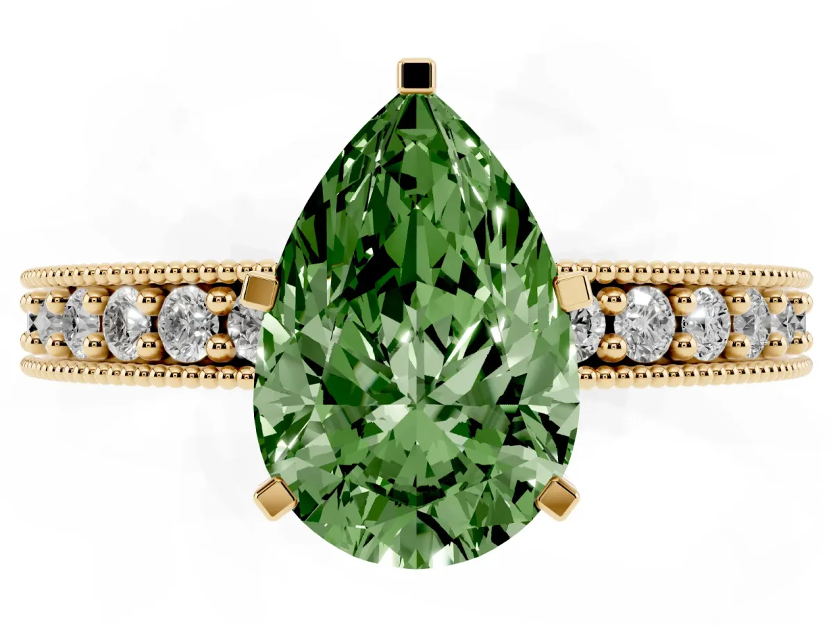 Fancy Green Pear Cut Diamond Milgrain Pavé Engagement Ring with Four-Prong Setting Yellow gold
