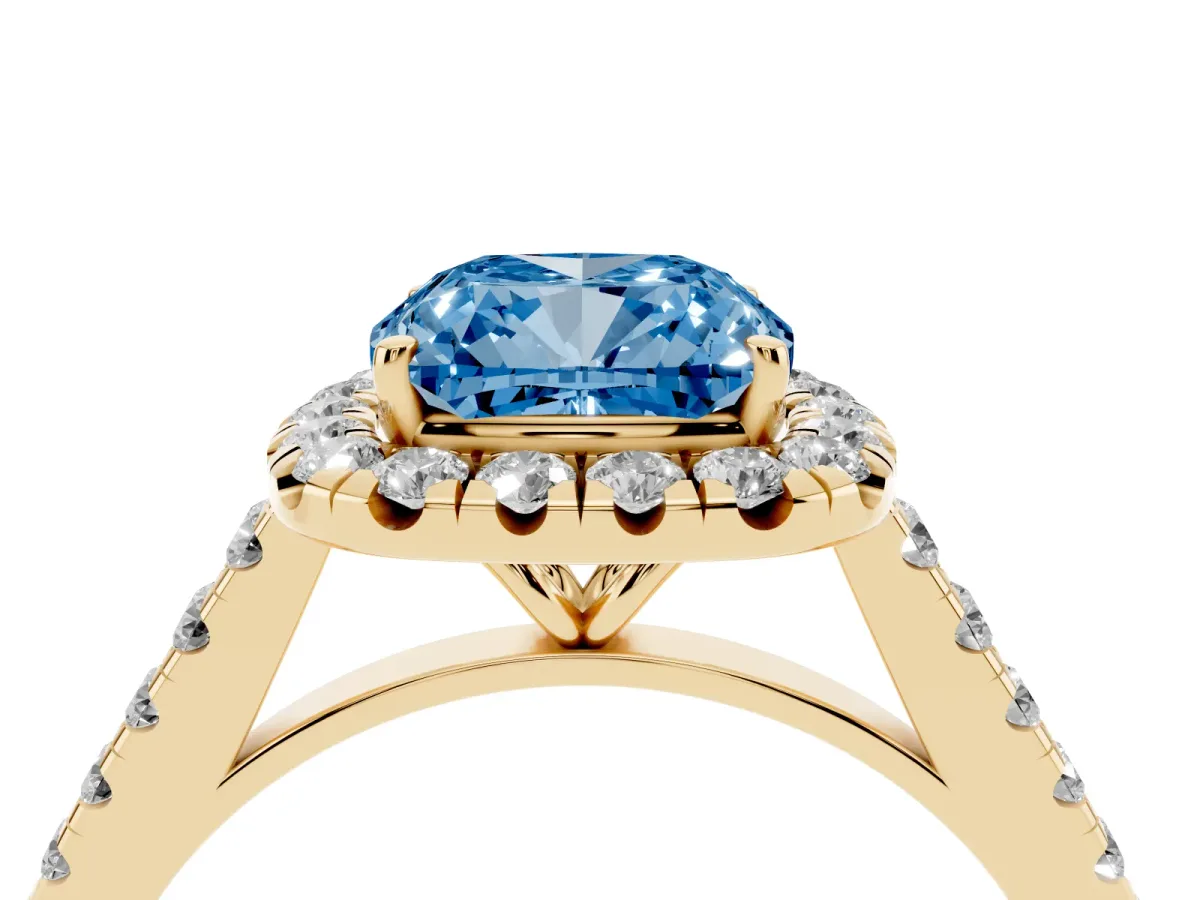 Fancy Blue Cushion Cut Halo Pave Diamond Engagement Ring with Four-Prong Setting Yellow gold