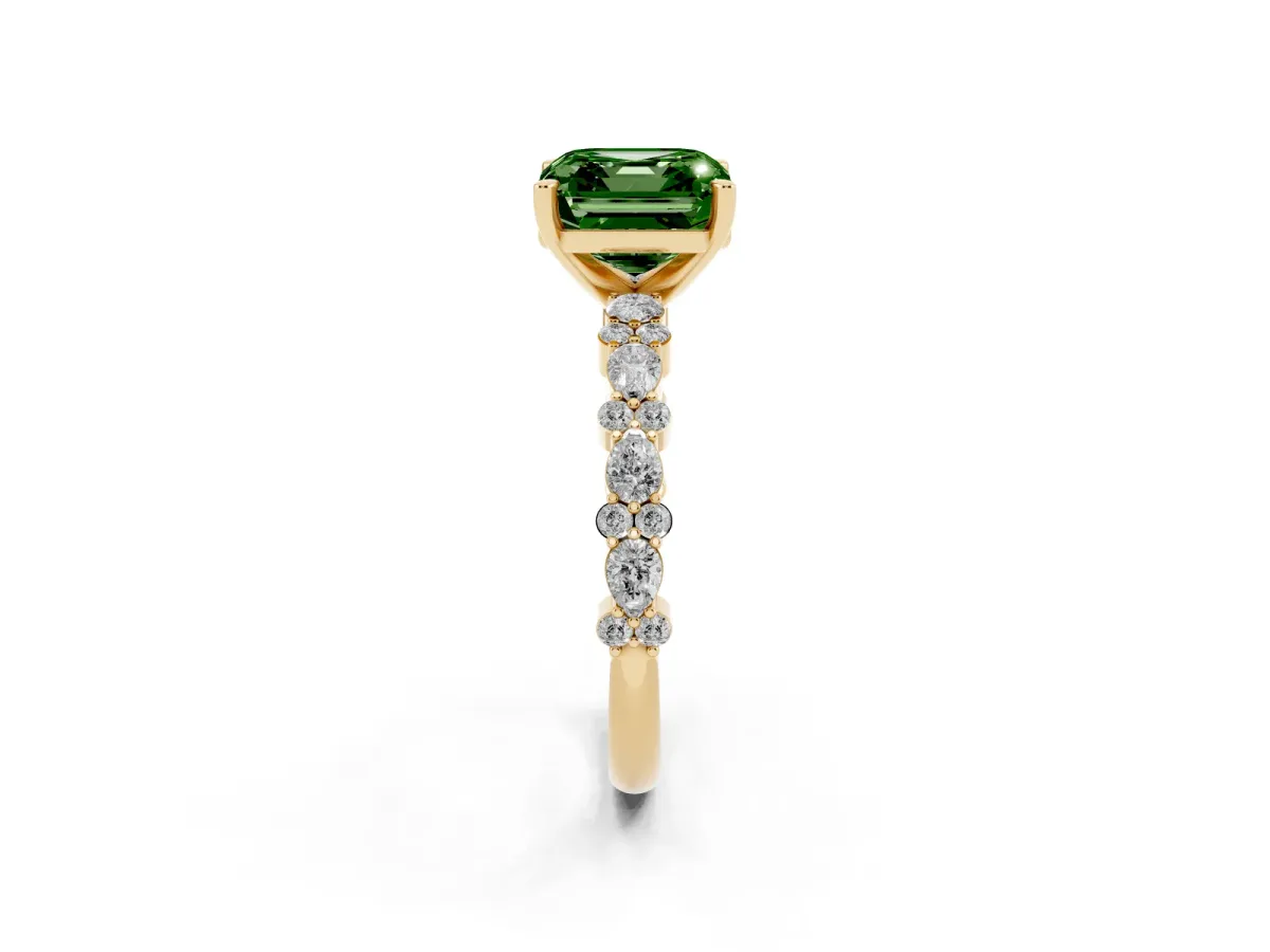 Fancy Green Asscher Cut Diamond Side Stone Solitaire Ring with Round and Four-Prong Setting Yellow gold