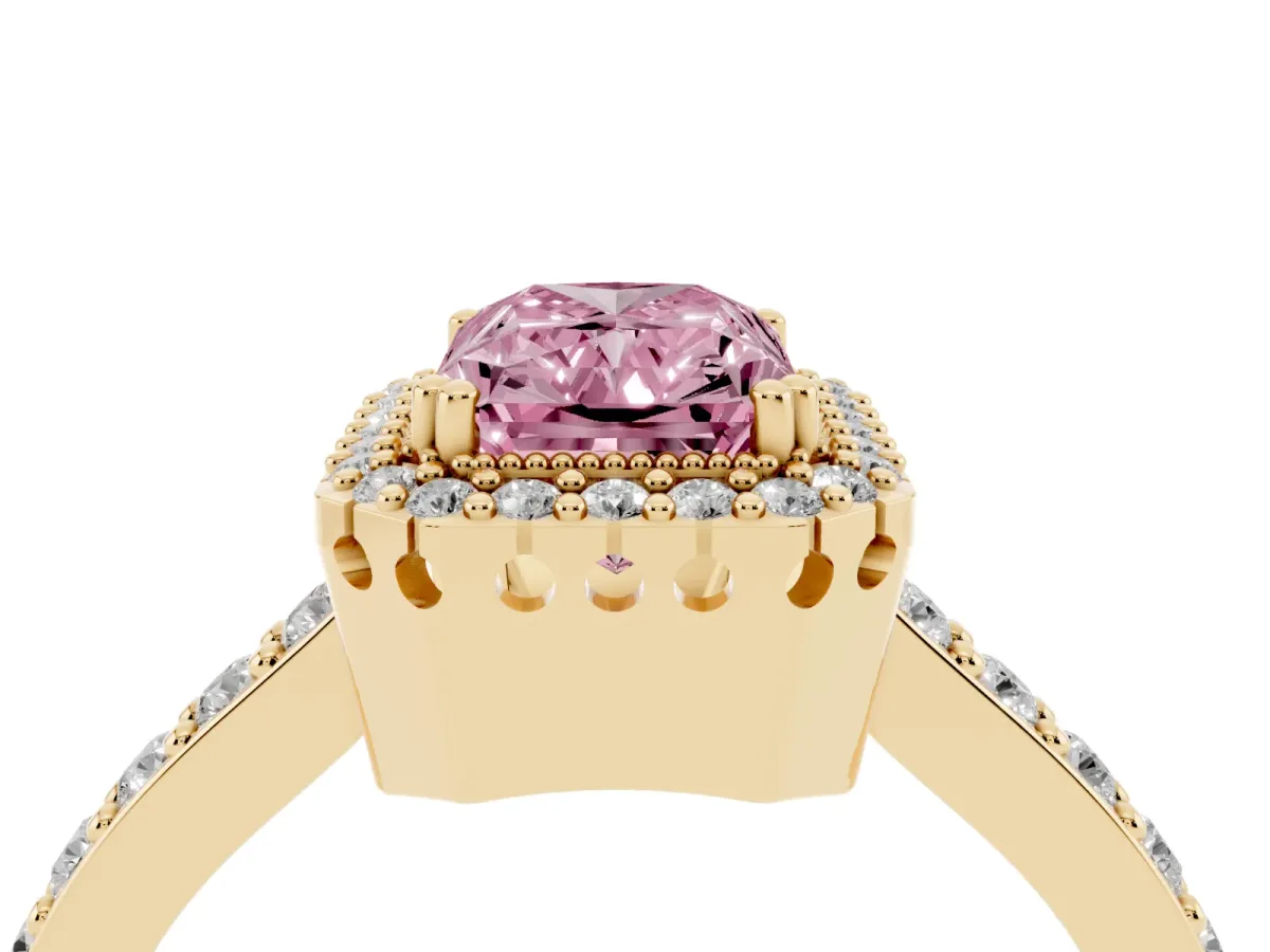 Fancy Pink Radiant Cut Cut Diamond Halo Engagement Ring with Milgrain Detail and Pavé Band Yellow gold