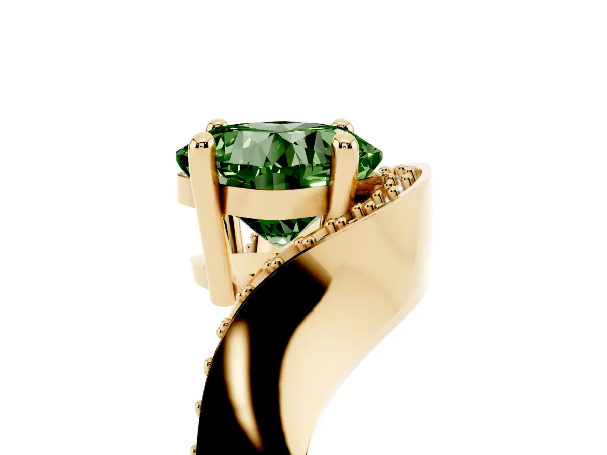 Fancy Green Cushion Cut Solitaire Diamond Engagement Ring with Pave Band and Four-Prong Setting Yellow gold