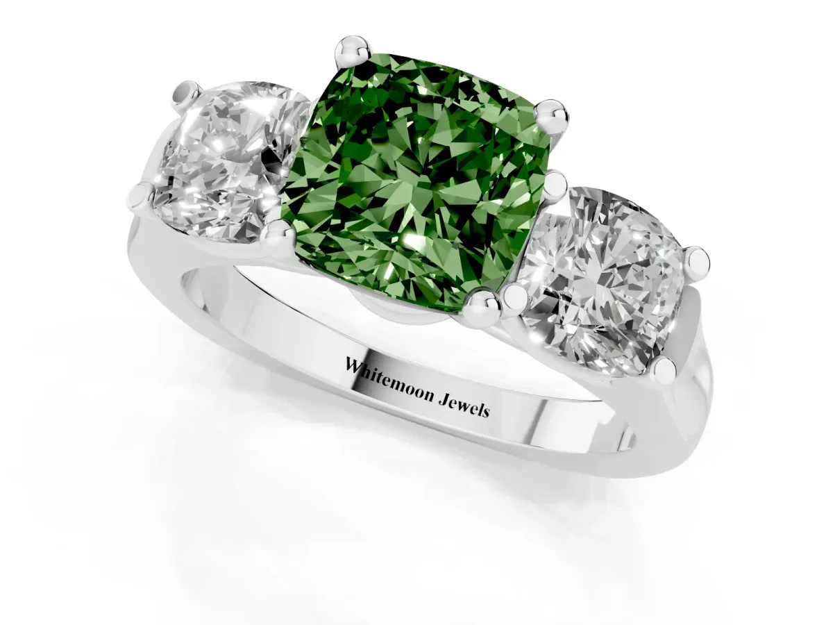 Fancy Green Three-Stone Cushion Cut Brilliant Diamond Trellis Ring with Comfort Fit Band Platinum