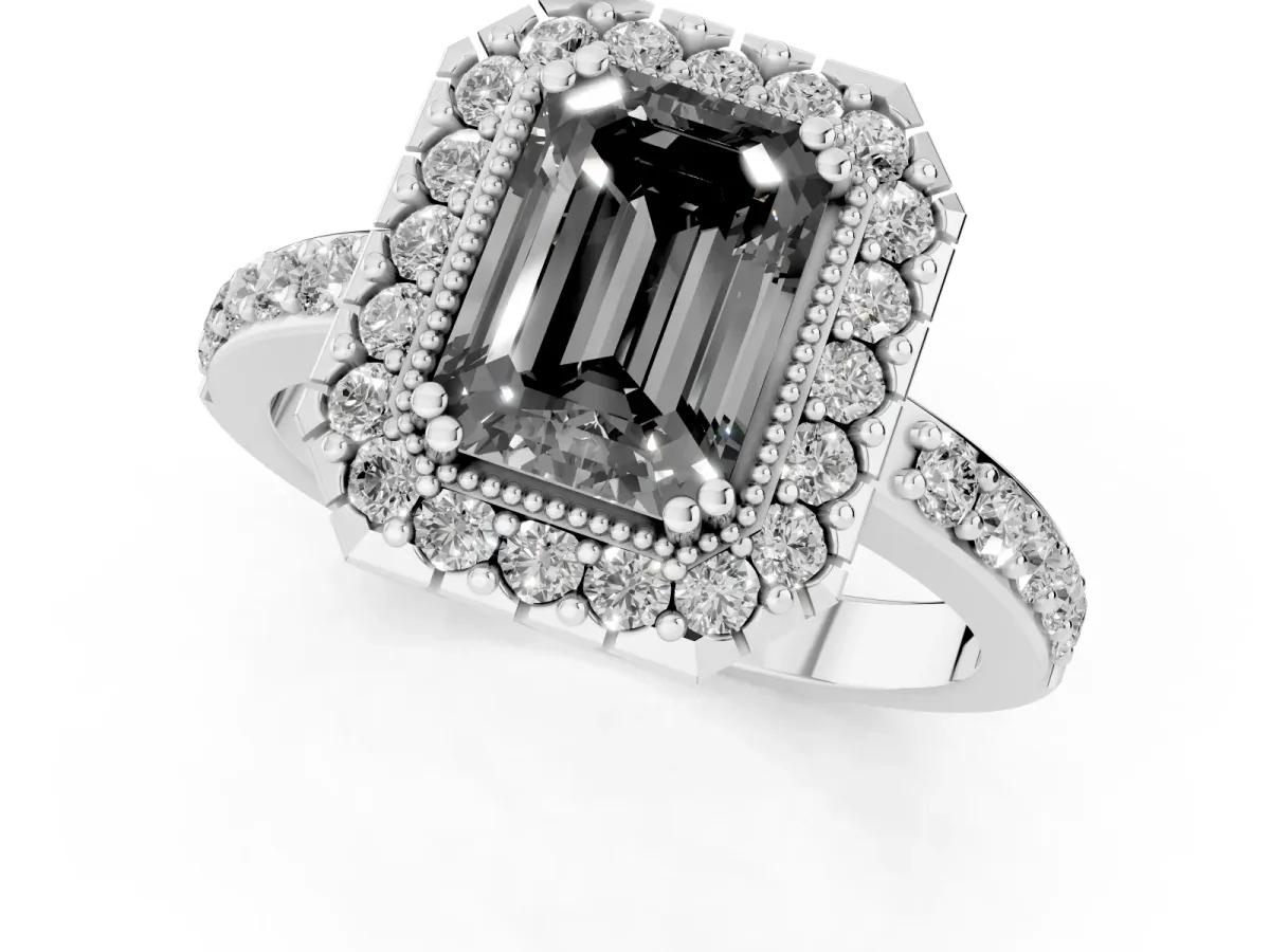 Fancy Black Emerald Cut Diamond Halo Ring with Pavé Band and Prong Setting Silver