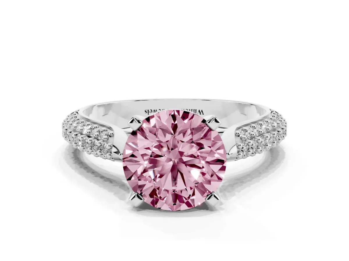 Fancy Pink Round Cut Diamond Solitaire Engagement Ring with Multi-Row Round Pavé Band and Prong Setting White gold