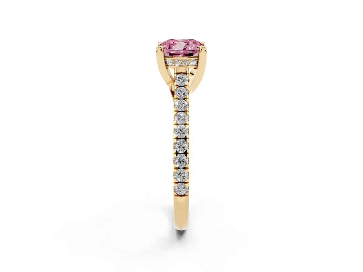 Fancy Pink Cushion Cut Brilliant Diamond Solitaire with Pavé Band and Four-Prong Setting Yellow gold