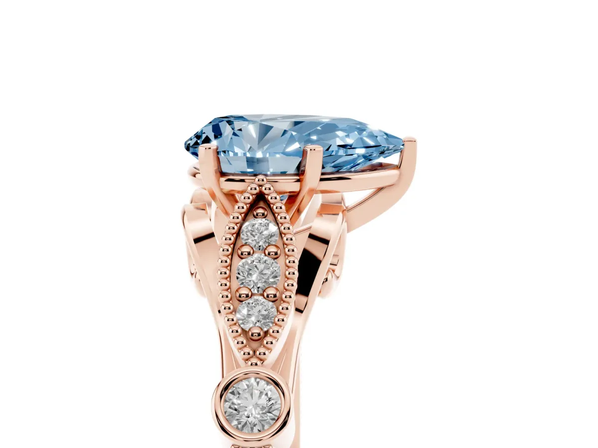 Fancy Blue Pear Cut Cut Diamond with Milgrain Marquise and Bezel Accents on a Solitaire Band with Prong Setting Rose gold