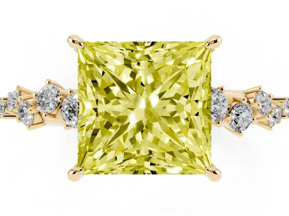 Fancy Yellow Princess Cut Diamond Cluster Side Stone Solitaire Ring with Prong Setting Yellow gold