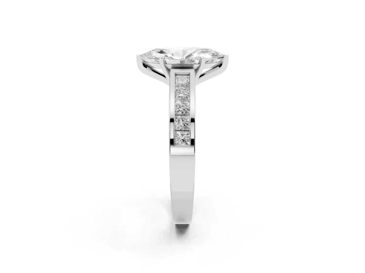 Marquise Cut Solitaire Diamond Ring with Channel-Set Band and Four-Prong Setting Silver