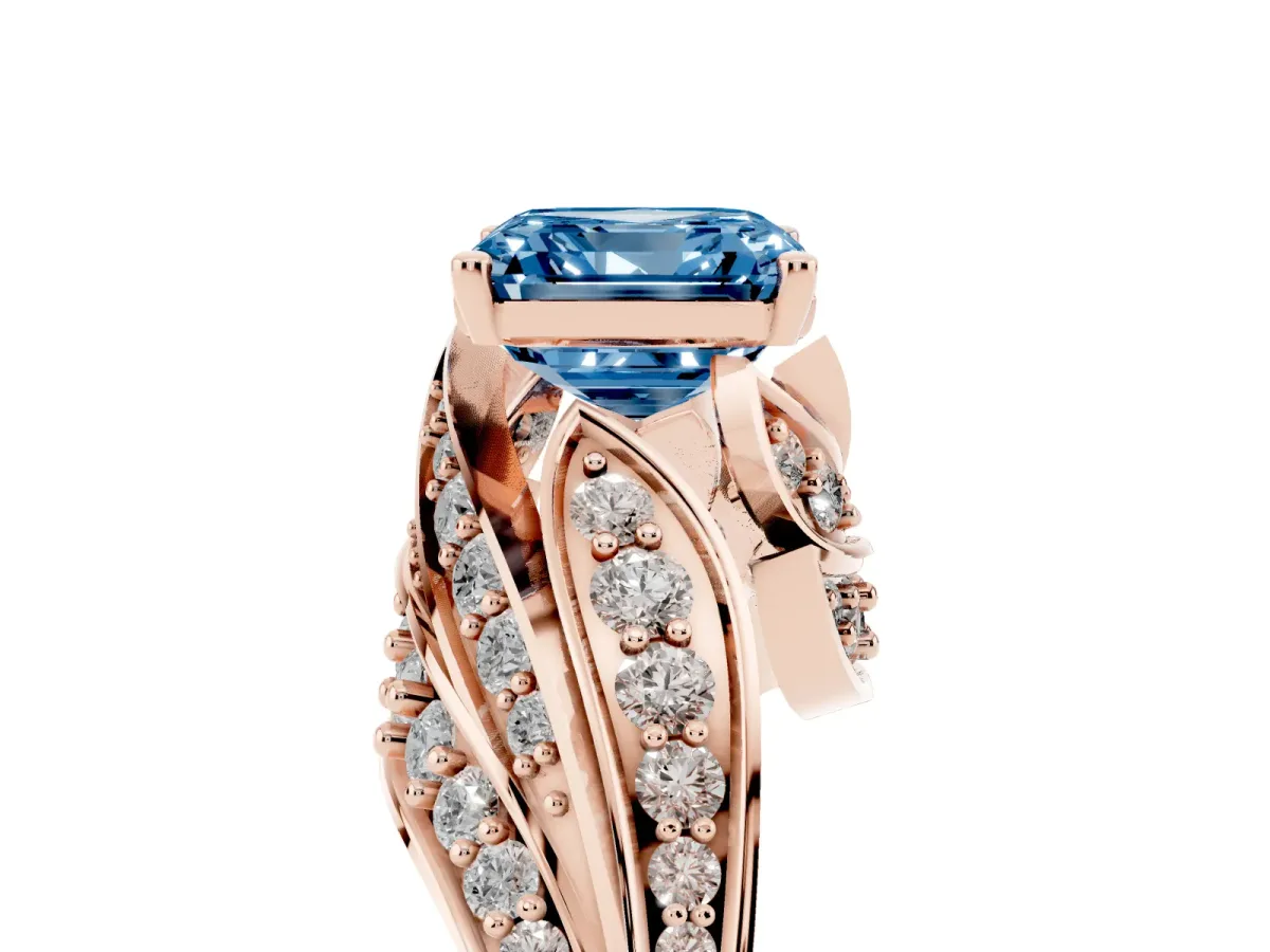 Fancy Blue Asscher Cut Diamond Solitaire Ring with Prong Setting and Twisted Pavé Band Rose gold