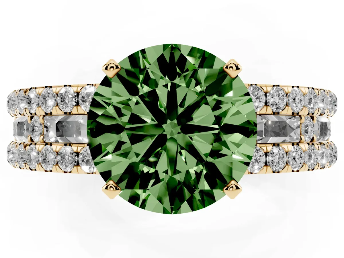 Fancy Green Round Cut Diamond Solitaire Ring with Pavé and Channel Set Band Yellow gold