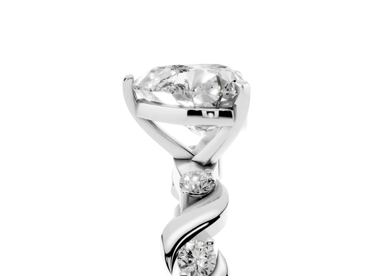 Heart Cut Diamond Solitaire Twisted Band with Round Accents and Prong Setting Silver