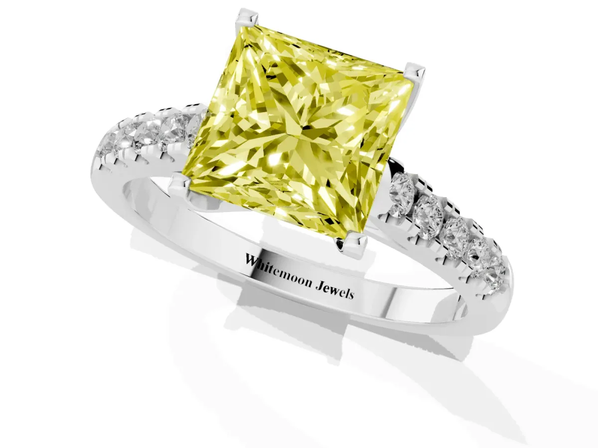 Fancy Yellow Princess Cut Diamond Pavé Band Solitaire Ring with Prong Setting Silver