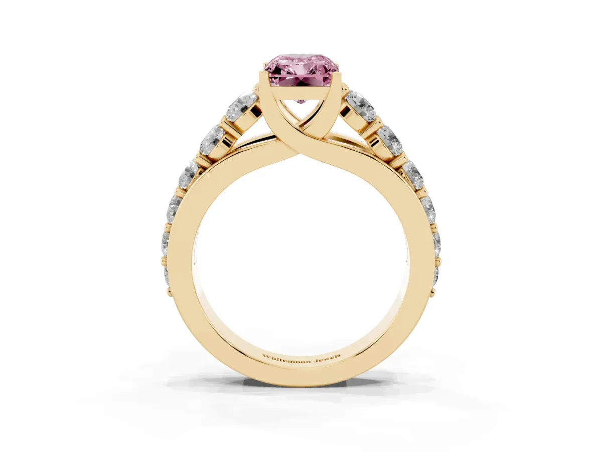 Fancy Pink Radiant Cut Diamond Engagement Ring with Pavé Band and Four-Prong Setting Yellow gold
