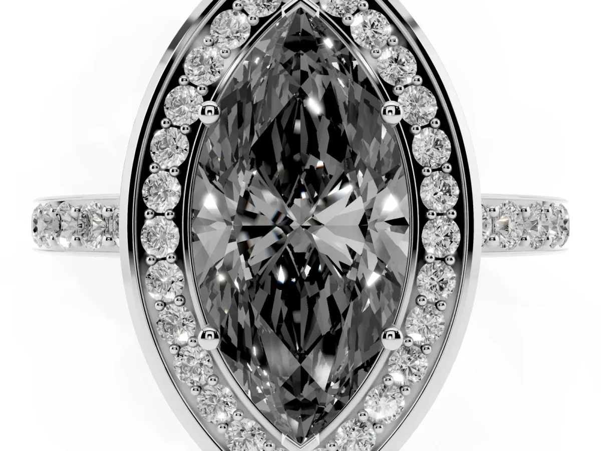 Fancy Black Marquise Cut Diamond Halo Ring with Bezel Frame and Pavé Band Silver