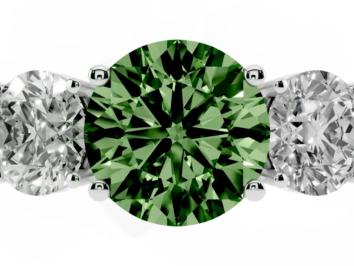 Fancy Green Three-Stone Round Cut Cut Diamond Engagement Ring with Flat Band and Four-Prong Setting Silver