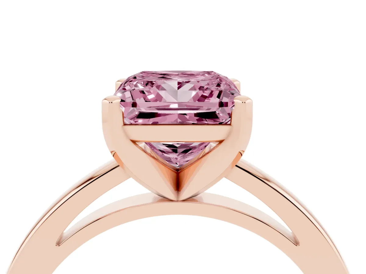 Fancy Pink Princess Cut Solitaire Diamond Engagement Ring with Four-Prong Setting on a Classic Band Rose gold