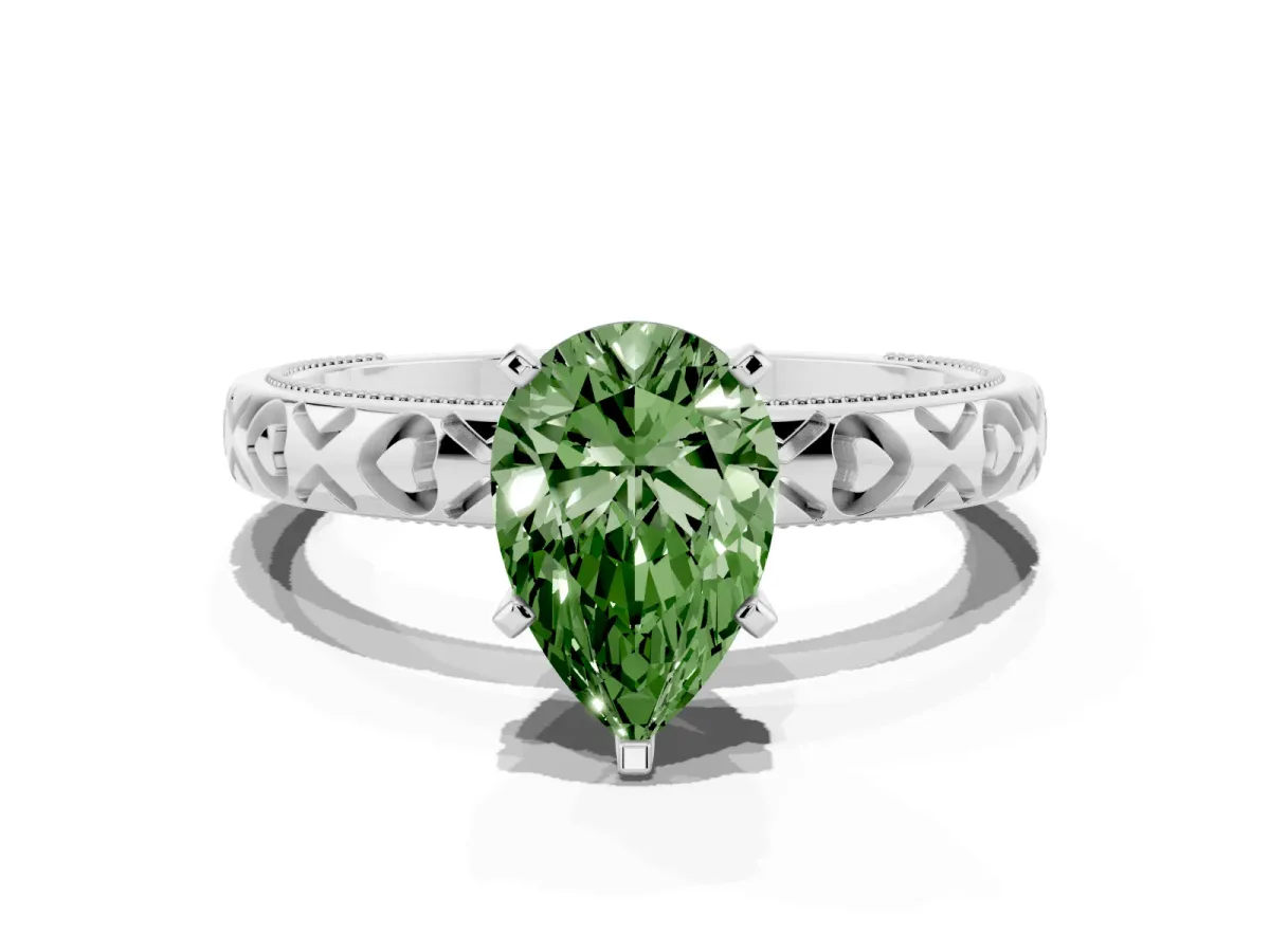 Fancy Green Pear Cut Solitaire Diamond Engagement Ring with XO Engraved Band and Four-Prong Setting Platinum
