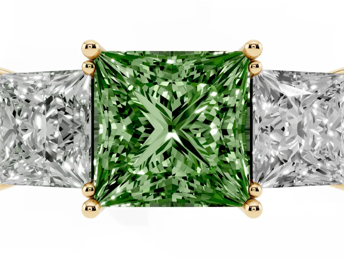 Fancy Green Three-Stone Princess Cut Cut Diamond Engagement Ring with Prong Setting on a White Gold Band Yellow gold