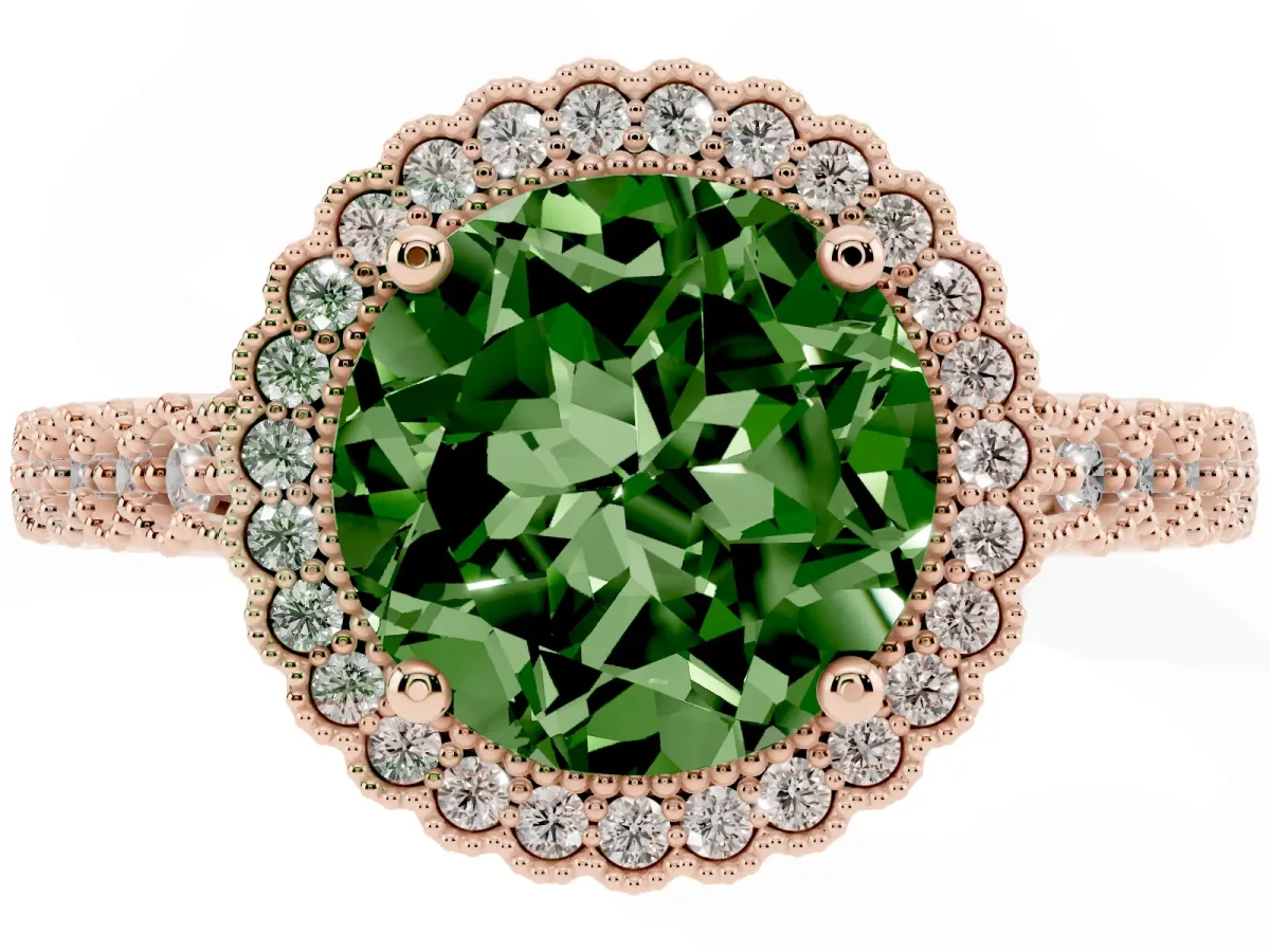 Fancy Green Round Cut Cut Halo Pavé Solitaire Ring with Milgrain Band Rose gold