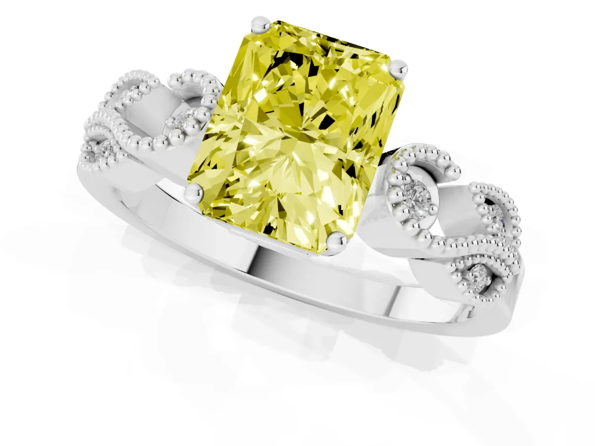 Fancy Yellow Princess Cut Solitaire Milgrain Leaf Band with Prong Setting Silver