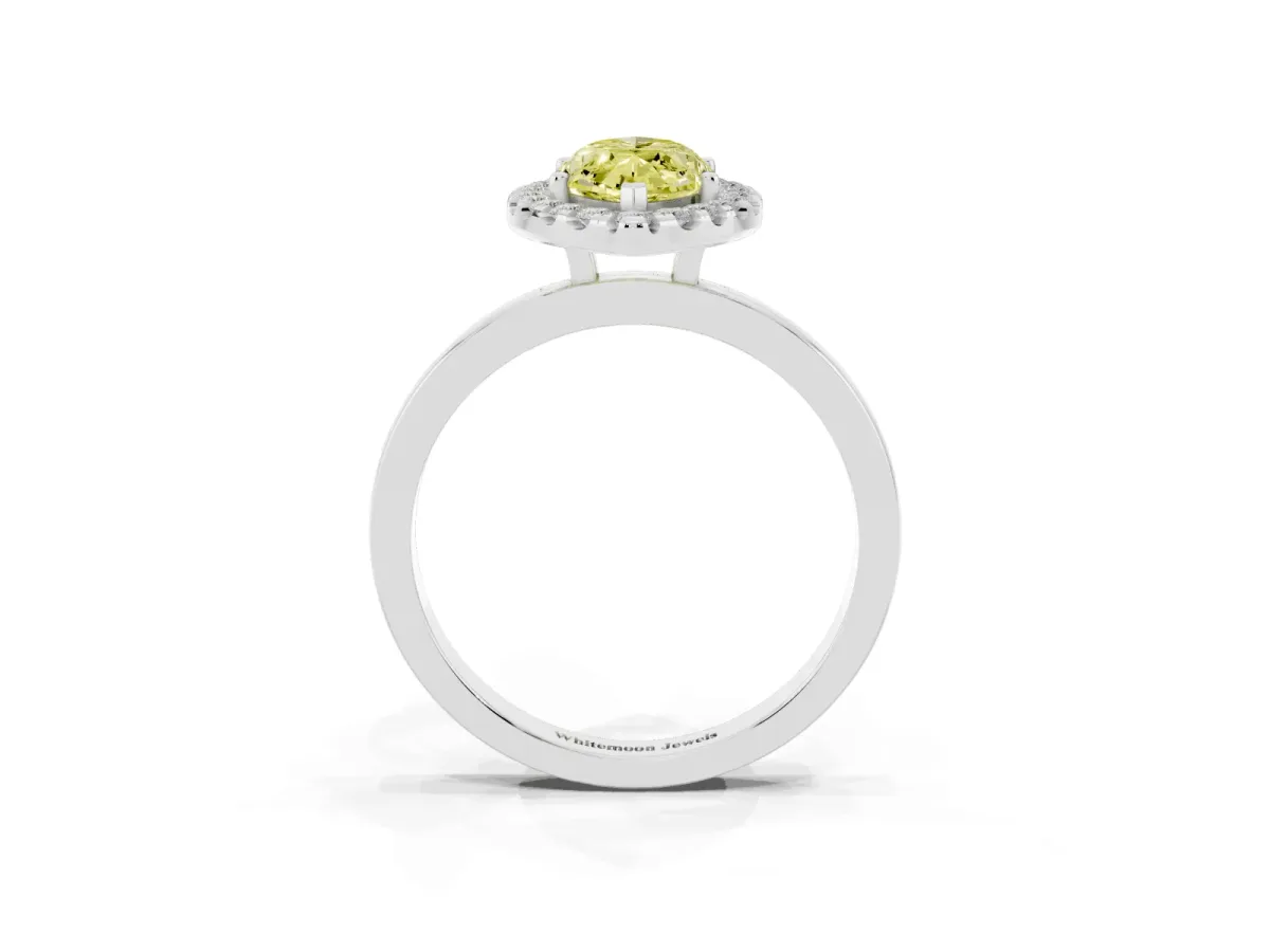 Fancy Yellow Marquise Cut Halo Diamond Solitaire with Pavé Band and Four-Prong Setting White gold
