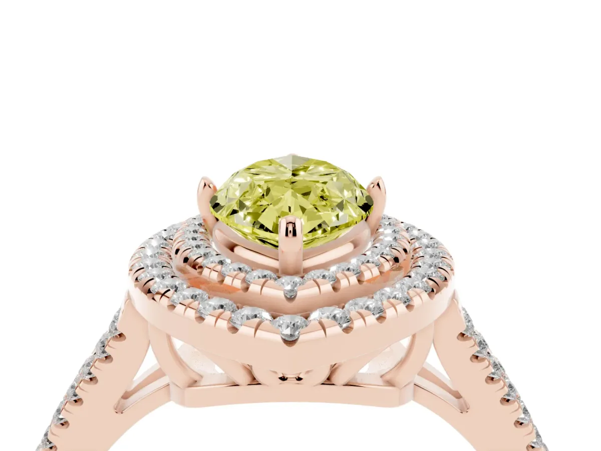 Fancy Yellow Marquise Cut Diamond Double Halo Ring with Pavé Band and Prong Setting Rose gold