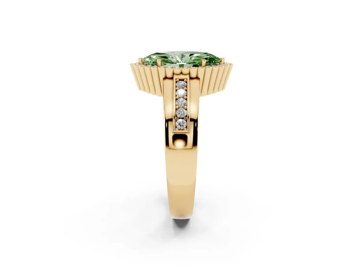 Fancy Green Marquise Cut Cut Halo Pave Band Four-Prong Ring Yellow gold