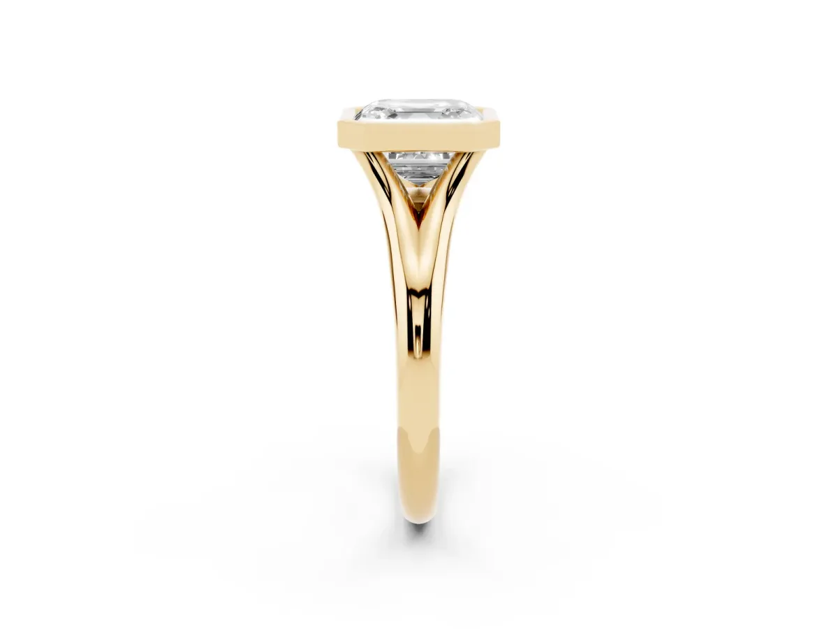 Bezel Set Asscher Cut Solitaire Diamond Ring with Smooth Band Yellow gold
