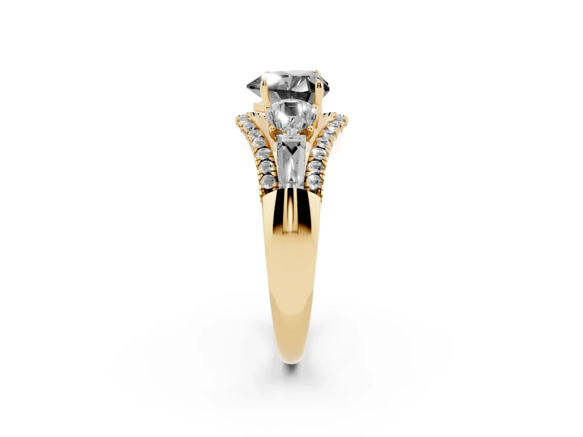 Fancy Black Three-Stone Heart Cut Diamond Engagement Ring with Pave Band and Prong Setting Yellow gold